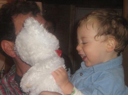 Meeting his bear for the first time